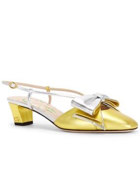Valentino Garavani Bowow 45 Slingback Bow Kitten Heels Gold Silver-39.5 (US 9.5)